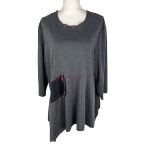 Noblu Lagenlook Artsy Asymmetrical Hem Tunic Top Patchwork 3/4 Sleeve Size Large